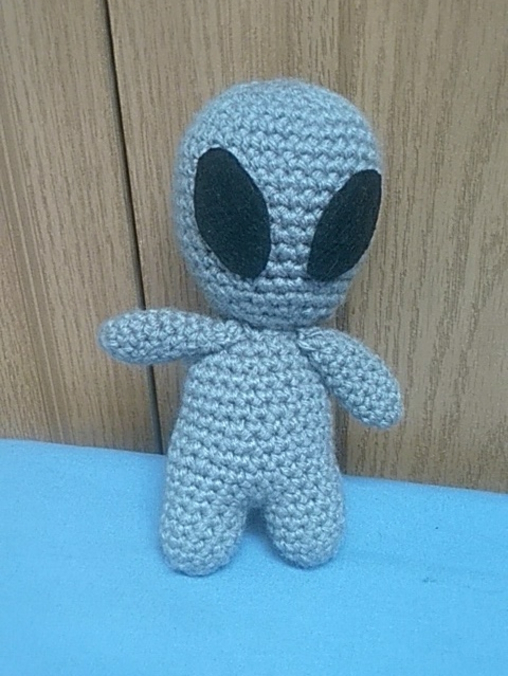 Handmade Crocheted Alien Plush in Light Gray with Black Eyes